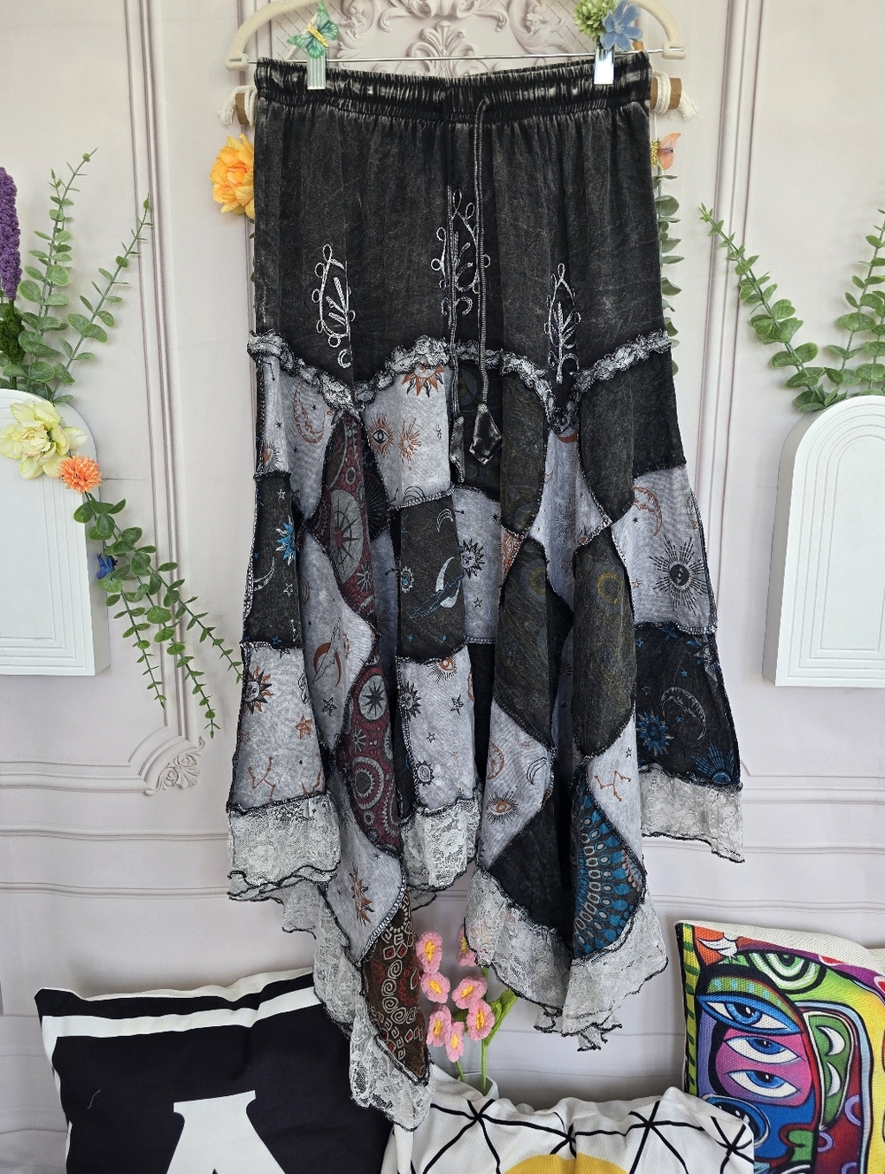 POL 100% Cotton Embroidered Patchwork Handkerchief Hem Lace Trim Maxi Skirt - Picture 3 of 16